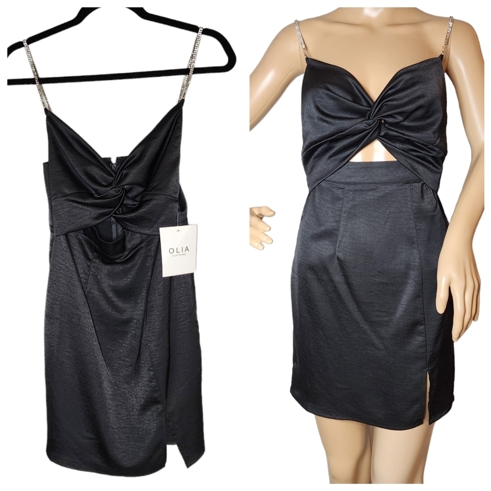 Nwt Olia Lulus Black Satin Cutout Mini Dress. Rhinestone Straps. Size Xs